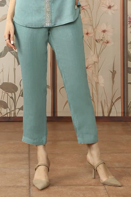 Kaveri_Blue Linen Studs V-neck Starlight Wave Embellished Top With Pant _Online_at_Aza_Fashions
