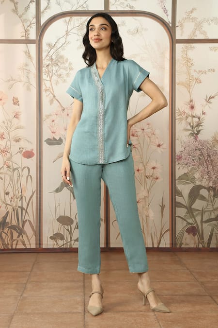 Buy_Kaveri_Blue Linen Studs V-neck Starlight Wave Embellished Top With Pant _Online_at_Aza_Fashions