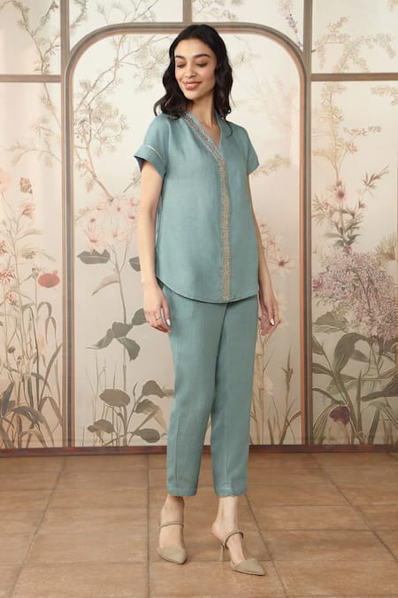 Shop_Kaveri_Blue Linen Studs V-neck Starlight Wave Embellished Top With Pant _Online_at_Aza_Fashions