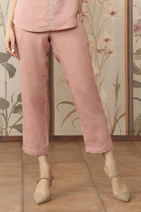 Kaveri Pink Linen Studs V-neck Starlight Wave Embellished Top With Pant Online at Aza Fashions Kaveri_Pink Linen Studs V-neck Starlight Wave Embellished Top With Pant _Online_at_Aza_Fashions