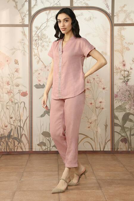 Buy Kaveri Pink Linen Studs V-neck Starlight Wave Embellished Top With Pant Online at Aza Fashions Buy_Kaveri_Pink Linen Studs V-neck Starlight Wave Embellished Top With Pant _Online_at_Aza_Fashions