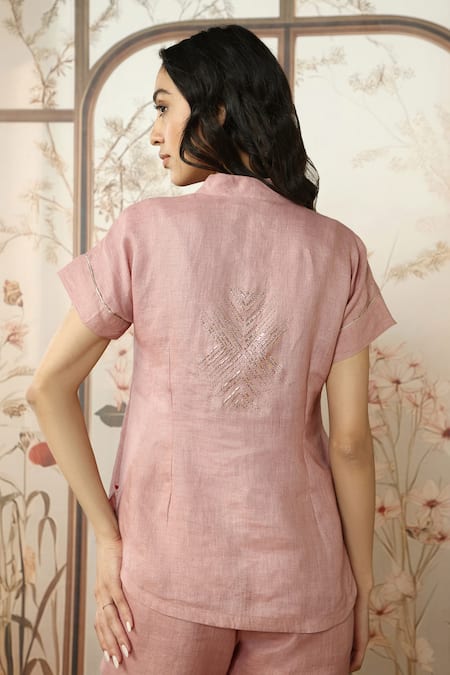 Shop Kaveri Pink Linen Studs V-neck Starlight Wave Embellished Top With Pant Online at Aza Fashions Shop_Kaveri_Pink Linen Studs V-neck Starlight Wave Embellished Top With Pant _Online_at_Aza_Fashions