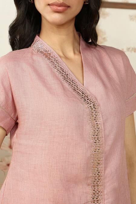 Kaveri Pink Linen Studs V-neck Starlight Wave Embellished Top With Pant at Aza Fashions Kaveri_Pink Linen Studs V-neck Starlight Wave Embellished Top With Pant _at_Aza_Fashions