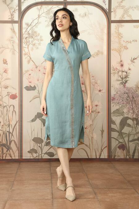 Kaveri_Blue Linen Studs V-neck Starlight Wave Embellished Dress _Online_at_Aza_Fashions