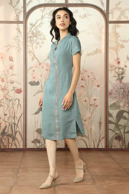 Buy_Kaveri_Blue Linen Studs V-neck Starlight Wave Embellished Dress _Online_at_Aza_Fashions