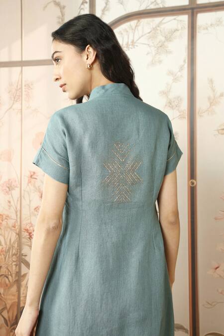 Shop_Kaveri_Blue Linen Studs V-neck Starlight Wave Embellished Dress _Online_at_Aza_Fashions