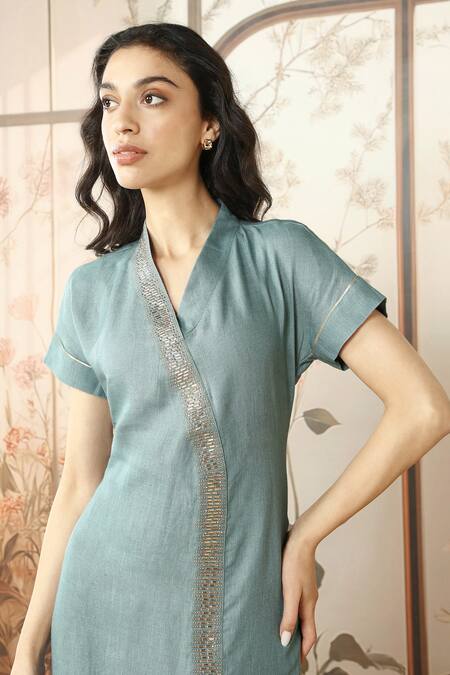 Kaveri_Blue Linen Studs V-neck Starlight Wave Embellished Dress _at_Aza_Fashions