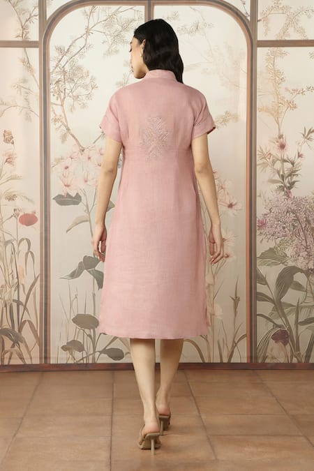 Shop Kaveri Pink Linen Studs V-neck Starlight Wave Embellished Dress at Aza Fashions Shop_Kaveri_Pink Linen Studs V-neck Starlight Wave Embellished Dress _at_Aza_Fashions