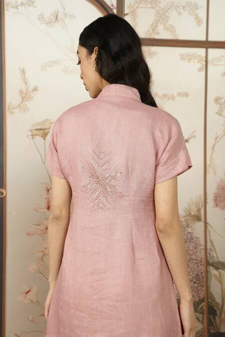 Kaveri Pink Linen Studs V-neck Starlight Wave Embellished Dress at Aza Fashions Kaveri_Pink Linen Studs V-neck Starlight Wave Embellished Dress _at_Aza_Fashions