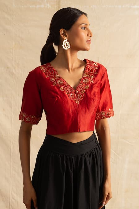 Neitri Red Chanderi Silk Embroidery V-neck Alhambra Floral Blouse Online at Aza Fashions Neitri_Red Chanderi Silk Embroidery V-neck Alhambra Floral Blouse _Online_at_Aza_Fashions