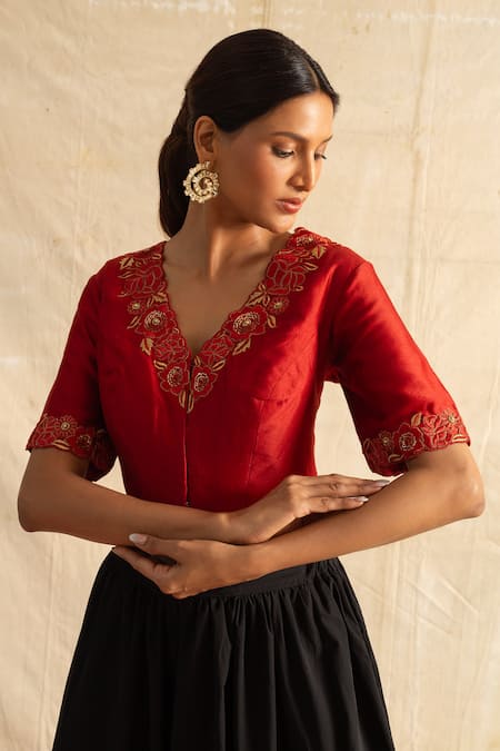 Buy Neitri Red Chanderi Silk Embroidery V-neck Alhambra Floral Blouse Online at Aza Fashions Buy_Neitri_Red Chanderi Silk Embroidery V-neck Alhambra Floral Blouse _Online_at_Aza_Fashions