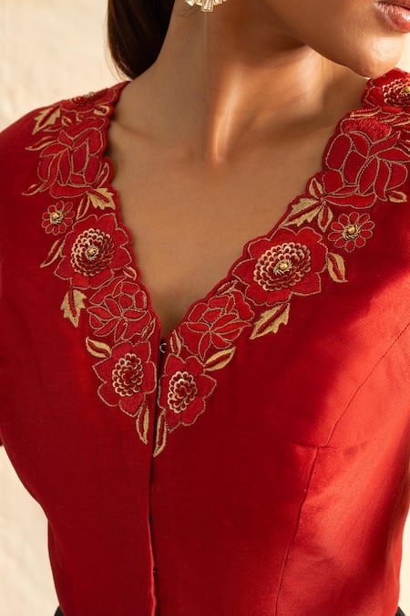 Shop Neitri Red Chanderi Silk Embroidery V-neck Alhambra Floral Blouse Online at Aza Fashions Shop_Neitri_Red Chanderi Silk Embroidery V-neck Alhambra Floral Blouse _Online_at_Aza_Fashions