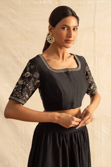 Neitri_Black Chanderi Silk Sequins Boboli Floral Cutdana And Bead Embroidered Blouse_Online_at_Aza_Fashions