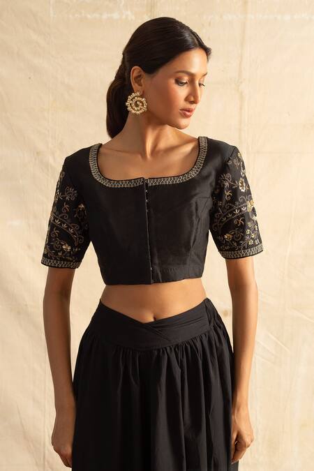 Buy_Neitri_Black Chanderi Silk Sequins Boboli Floral Cutdana And Bead Embroidered Blouse_Online_at_Aza_Fashions