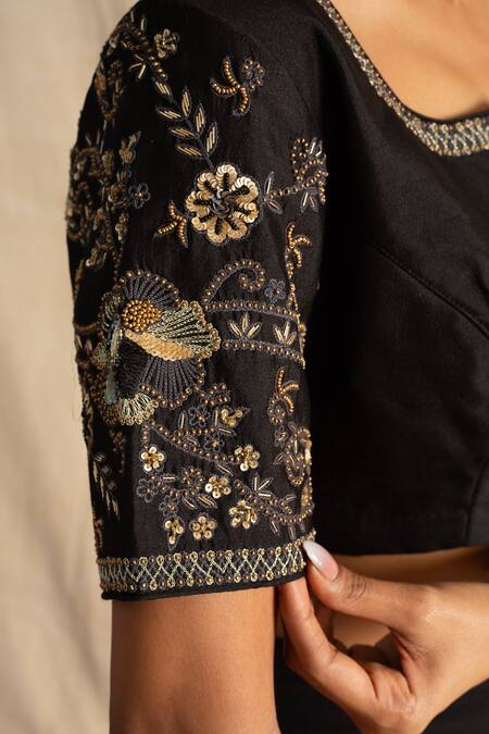 Shop_Neitri_Black Chanderi Silk Sequins Boboli Floral Cutdana And Bead Embroidered Blouse_Online_at_Aza_Fashions
