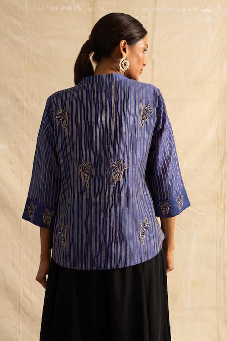 Shop Neitri Blue Chanderi Silk Embroidery Aburi Sequin Thread Jacket With Tube Top at Aza Fashions Shop_Neitri_Blue Chanderi Silk Embroidery Aburi Sequin Thread Jacket With Tube Top _at_Aza_Fashions