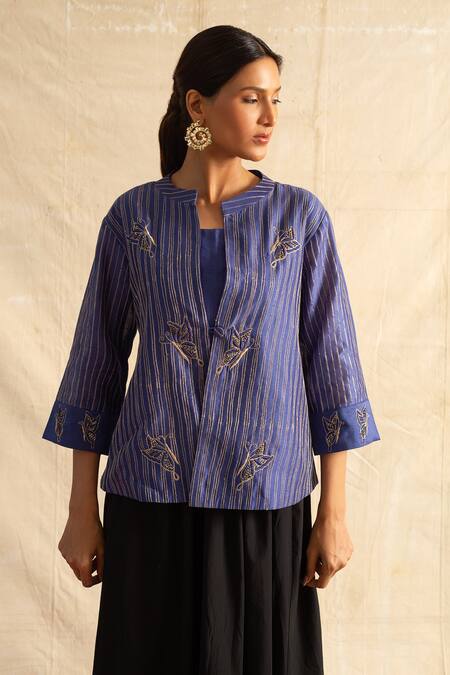 Buy Neitri Blue Chanderi Silk Embroidery Aburi Sequin Thread Jacket With Tube Top Online at Aza Fashions Buy_Neitri_Blue Chanderi Silk Embroidery Aburi Sequin Thread Jacket With Tube Top _Online_at_Aza_Fashions