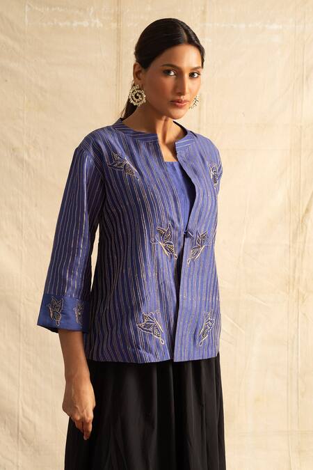 Shop Neitri Blue Chanderi Silk Embroidery Aburi Sequin Thread Jacket With Tube Top Online at Aza Fashions Shop_Neitri_Blue Chanderi Silk Embroidery Aburi Sequin Thread Jacket With Tube Top _Online_at_Aza_Fashions