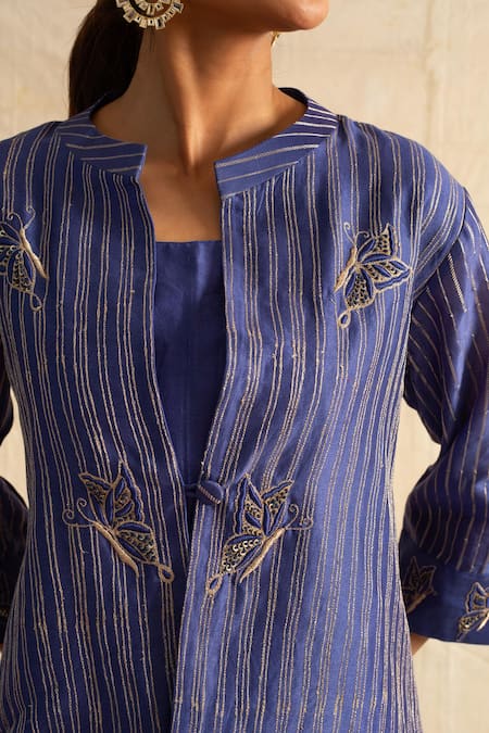 Neitri Blue Chanderi Silk Embroidery Aburi Sequin Thread Jacket With Tube Top at Aza Fashions Neitri_Blue Chanderi Silk Embroidery Aburi Sequin Thread Jacket With Tube Top _at_Aza_Fashions