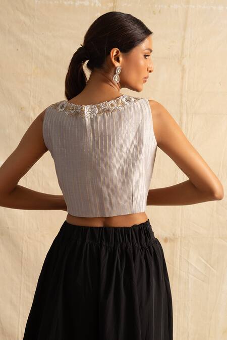 Shop_Neitri_Silver Chanderi Silk Embroidery, Beads, Sequins Split V-neck Kew Floral Blouse_at_Aza_Fashions