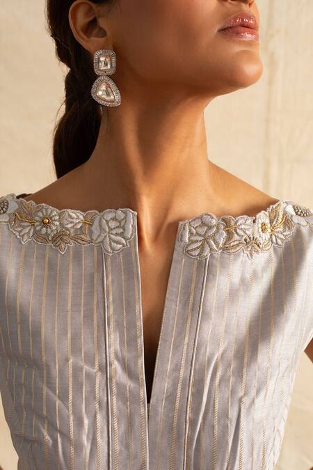 Buy_Neitri_Silver Chanderi Silk Embroidery, Beads, Sequins Split V-neck Kew Floral Blouse_Online_at_Aza_Fashions