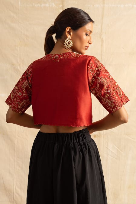 Shop Neitri Red Chanderi Silk Sequins, Beads Majorelle Thread And Embroidered Saree Blouse at Aza Fashions Shop_Neitri_Red Chanderi Silk Sequins, Beads Majorelle Thread And Embroidered Saree Blouse _at_Aza_Fashions