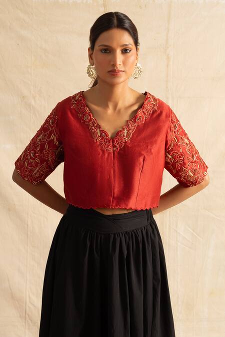 Neitri Red Chanderi Silk Sequins, Beads Majorelle Thread And Embroidered Saree Blouse Online at Aza Fashions Neitri_Red Chanderi Silk Sequins, Beads Majorelle Thread And Embroidered Saree Blouse _Online_at_Aza_Fashions