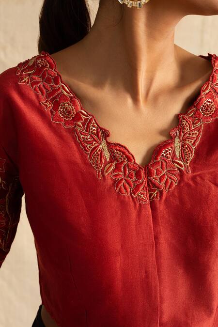 Buy Neitri Red Chanderi Silk Sequins, Beads Majorelle Thread And Embroidered Saree Blouse Online at Aza Fashions Buy_Neitri_Red Chanderi Silk Sequins, Beads Majorelle Thread And Embroidered Saree Blouse _Online_at_Aza_Fashions