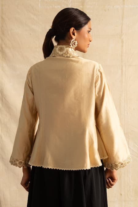 Shop_Neitri_Beige Chanderi Silk Embroidery V-neck Wave Floral Cutwork Peplum Blouse _at_Aza_Fashions