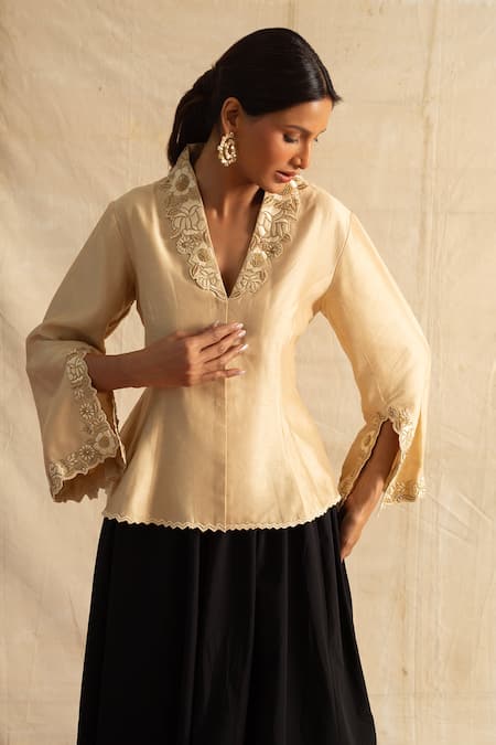 Neitri_Beige Chanderi Silk Embroidery V-neck Wave Floral Cutwork Peplum Blouse _Online_at_Aza_Fashions
