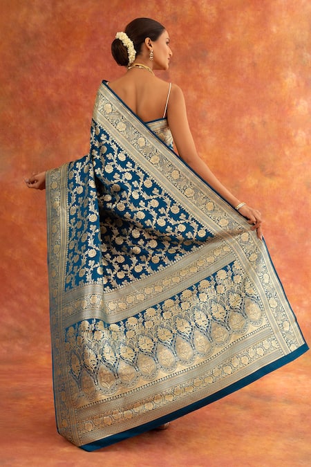 Shop Neitri Blue Silk, Brocade Bluebell Floral Jaal Pattern Saree With Running Blouse at Aza Fashions Shop_Neitri_Blue Silk, Brocade Bluebell Floral Jaal Pattern Saree With Running Blouse _at_Aza_Fashions