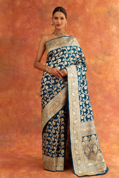 Neitri Blue Silk, Brocade Bluebell Floral Jaal Pattern Saree With Running Blouse Online at Aza Fashions Neitri_Blue Silk, Brocade Bluebell Floral Jaal Pattern Saree With Running Blouse _Online_at_Aza_Fashions