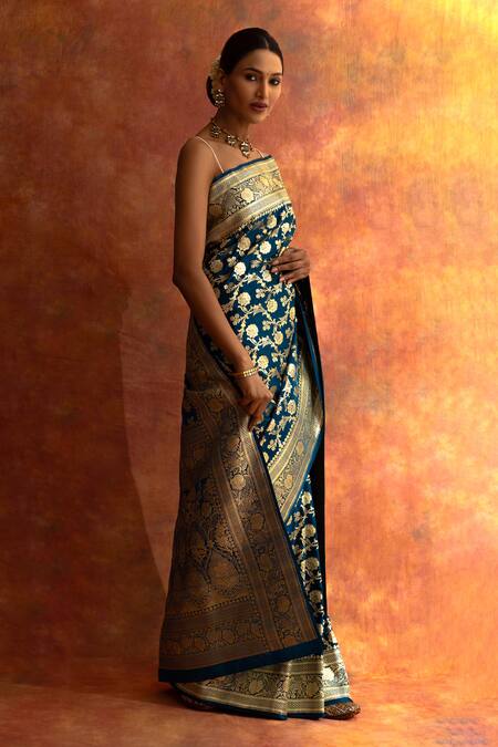 Buy Neitri Blue Silk, Brocade Bluebell Floral Jaal Pattern Saree With Running Blouse Online at Aza Fashions Buy_Neitri_Blue Silk, Brocade Bluebell Floral Jaal Pattern Saree With Running Blouse _Online_at_Aza_Fashions