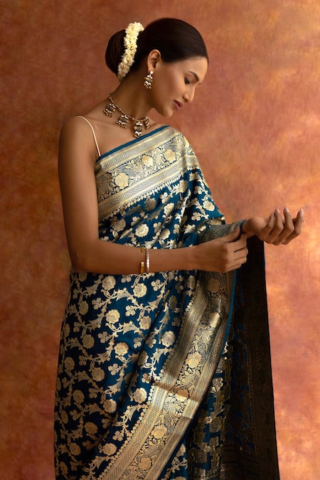 Shop Neitri Blue Silk, Brocade Bluebell Floral Jaal Pattern Saree With Running Blouse Online at Aza Fashions Shop_Neitri_Blue Silk, Brocade Bluebell Floral Jaal Pattern Saree With Running Blouse _Online_at_Aza_Fashions