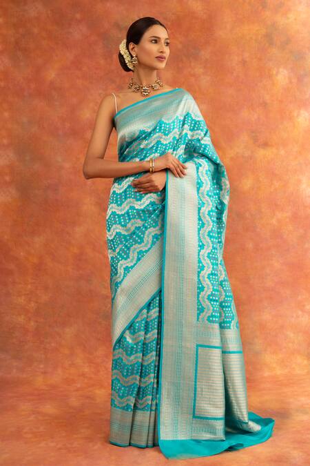 Neitri_Blue Silk, Brocade Buttercup Leheriya Handwoven Saree With Running Blouse_Online_at_Aza_Fashions