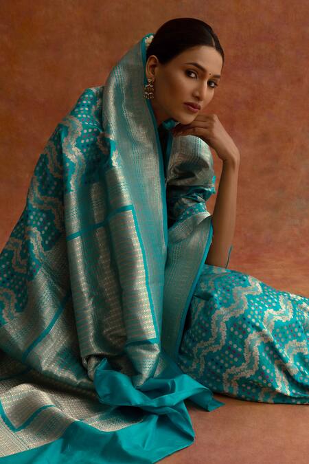 Buy_Neitri_Blue Silk, Brocade Buttercup Leheriya Handwoven Saree With Running Blouse_Online_at_Aza_Fashions
