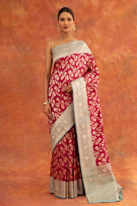 Shop_Neitri_Red Silk, Brocade Dahlia Floral Jaal Pattern Saree With Running Blouse _at_Aza_Fashions
