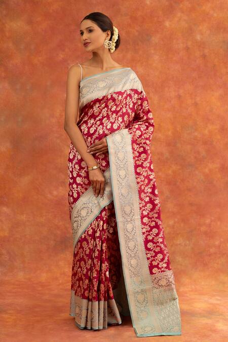 Neitri_Red Silk, Brocade Dahlia Floral Jaal Pattern Saree With Running Blouse _Online_at_Aza_Fashions