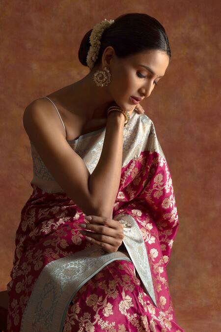 Shop_Neitri_Red Silk, Brocade Dahlia Floral Jaal Pattern Saree With Running Blouse _Online_at_Aza_Fashions