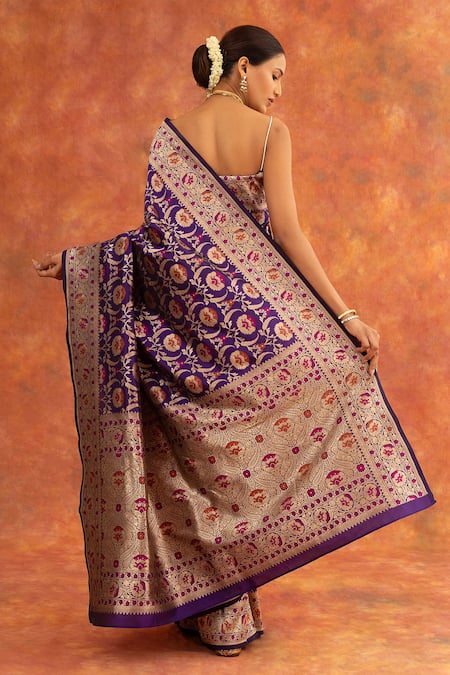 Shop Neitri Purple Silk, Brocade Embroidery Foxglove Handwoven Saree With Running Blouse at Aza Fashions Shop_Neitri_Purple Silk, Brocade Embroidery Foxglove Handwoven Saree With Running Blouse _at_Aza_Fashions
