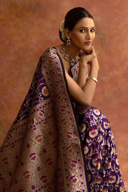 Shop Neitri Purple Silk, Brocade Embroidery Foxglove Handwoven Saree With Running Blouse Online at Aza Fashions Shop_Neitri_Purple Silk, Brocade Embroidery Foxglove Handwoven Saree With Running Blouse _Online_at_Aza_Fashions