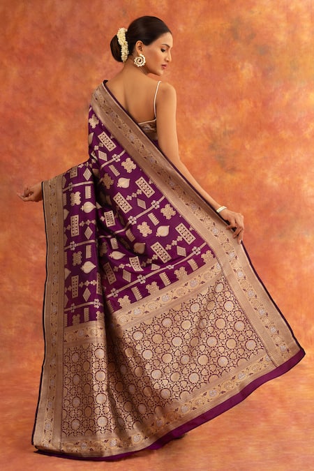 Shop_Neitri_Purple Silk Embroidery Hyacinth Handwoven Saree With Blouse _at_Aza_Fashions