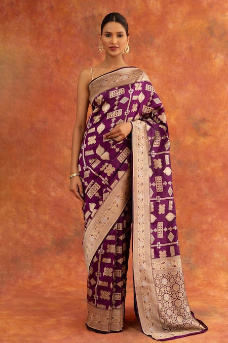 Neitri_Purple Silk Embroidery Hyacinth Handwoven Saree With Blouse _Online_at_Aza_Fashions