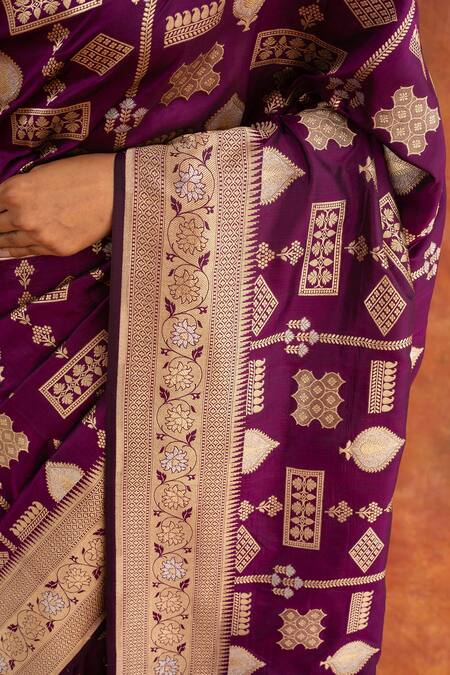 Shop_Neitri_Purple Silk Embroidery Hyacinth Handwoven Saree With Blouse _Online_at_Aza_Fashions