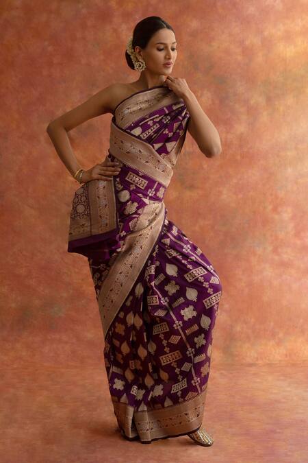 Neitri_Purple Silk Embroidery Hyacinth Handwoven Saree With Blouse _at_Aza_Fashions