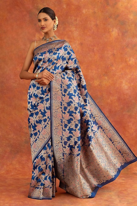 Neitri Blue Banarasi Silk Handwoven Morning Glory Saree With Running Blouse 