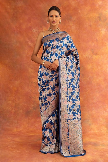 Neitri_Blue Silk Embroidery Morning Glory Handwoven Saree With Running Blouse_Online_at_Aza_Fashions