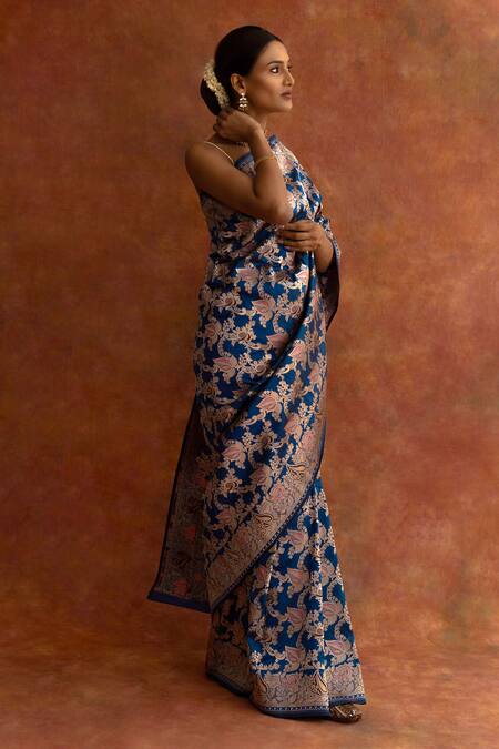 Buy_Neitri_Blue Silk Embroidery Morning Glory Handwoven Saree With Running Blouse_Online_at_Aza_Fashions