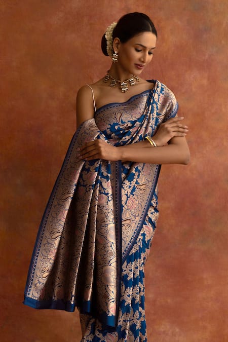 Shop_Neitri_Blue Silk Embroidery Morning Glory Handwoven Saree With Running Blouse_Online_at_Aza_Fashions