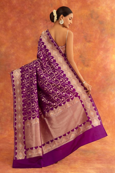 Shop Neitri Purple Silk, Brocade Zari Orchid Handwoven Saree With Running Blouse at Aza Fashions Shop_Neitri_Purple Silk, Brocade Zari Orchid Handwoven Saree With Running Blouse _at_Aza_Fashions
